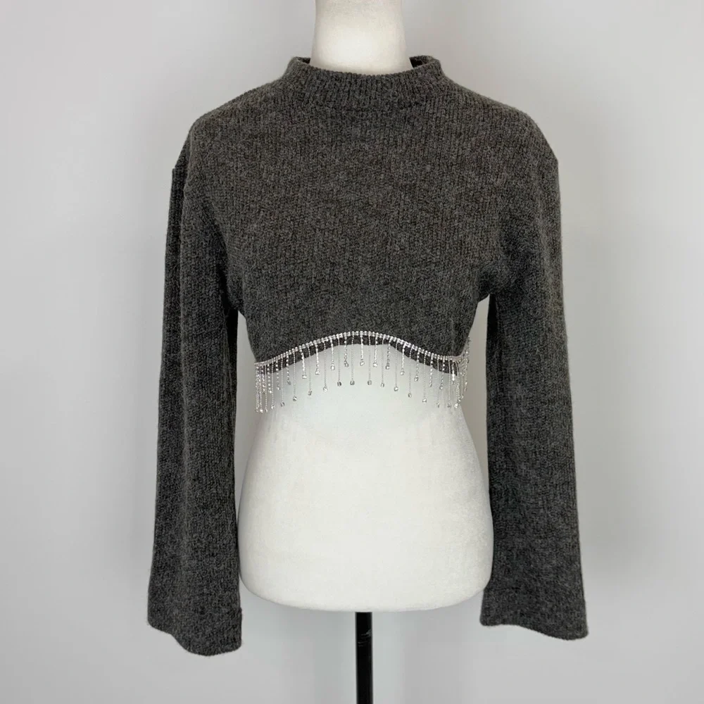 Zara grey cropped rhinestone fringed sweater - Picture 2 of 9